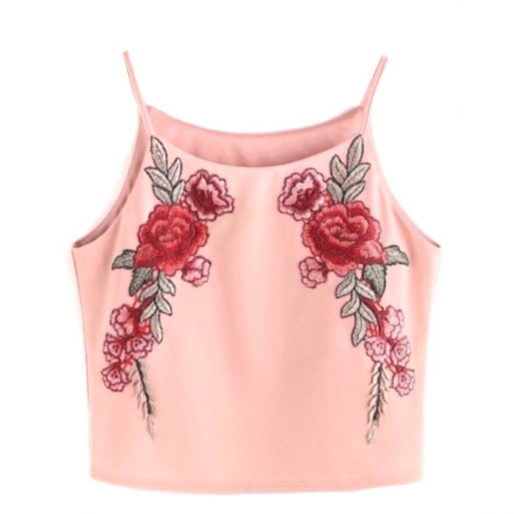 Embroidered Patch Floral Pink High Halter Neck Cropped Sleeveless Tank Top